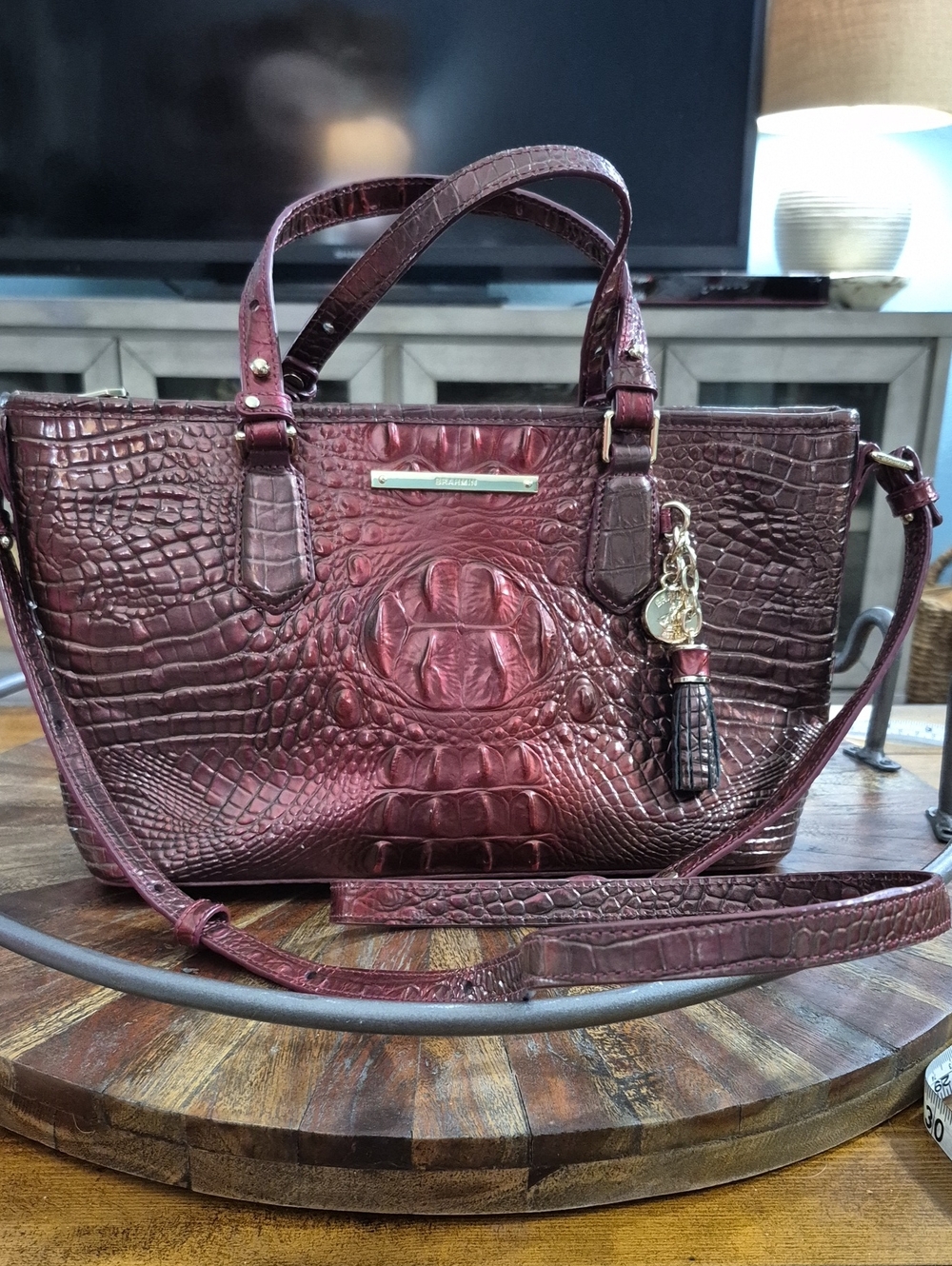 Brahmin Deep Wine Mini Asher Croc-Embossed Leather Tote with Tassel Charm. EUC